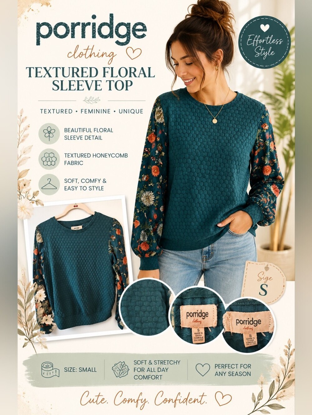 Porridge for Anthropologie Teal Textured Sweatshirt with Floral Contrast Sleeves